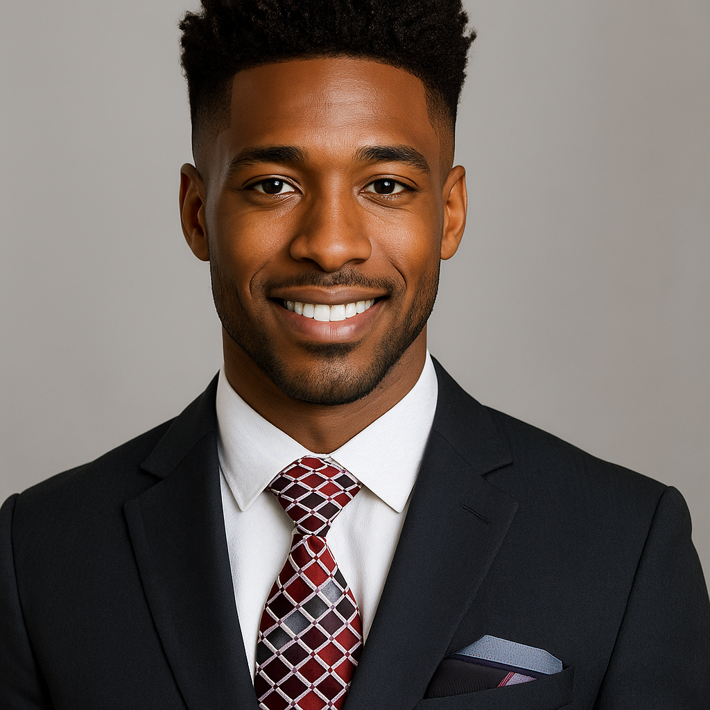 Styled with a white dress shirt and charcoal suit for a professional business look