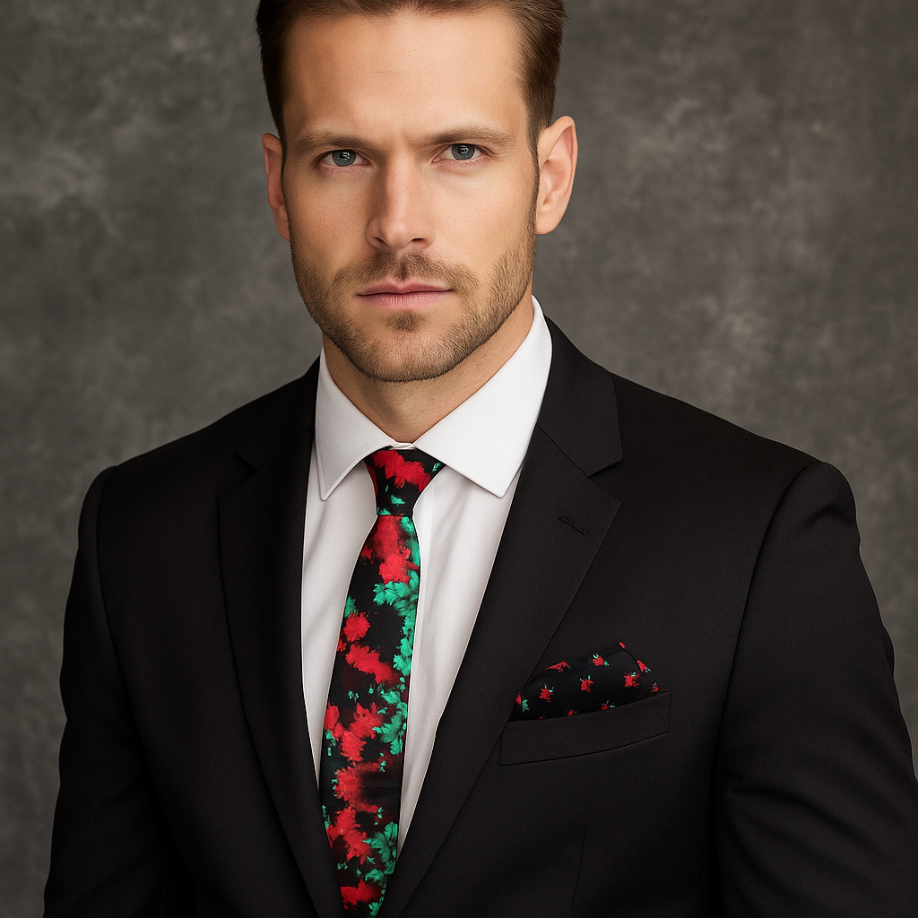 Close-up of vibrant paint splash pattern on silk tie for men