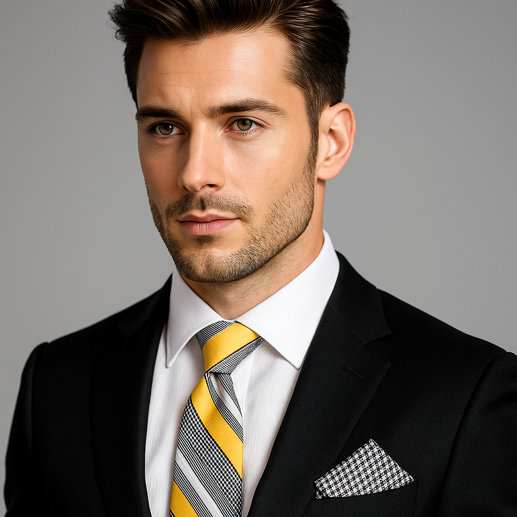 Front view of yellow striped necktie with houndstooth pattern, styled with a white shirt and charcoal suit