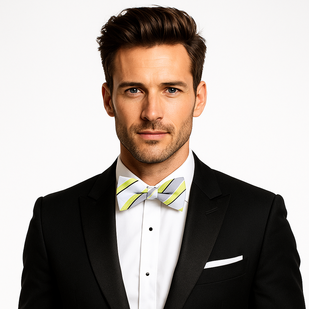 Lime green striped self-tie bow tie displayed on a white background