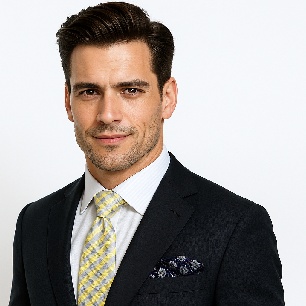 A stylish man wearing a light yellow check necktie with a white dress shirt for spring wedding