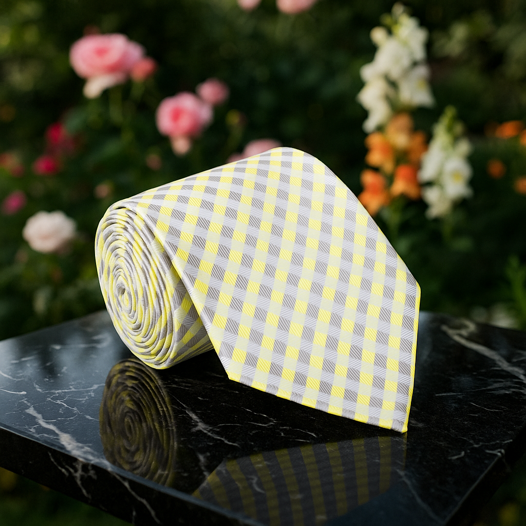 Fashionable necktie and pocket square set in light yellow check pattern for formal events