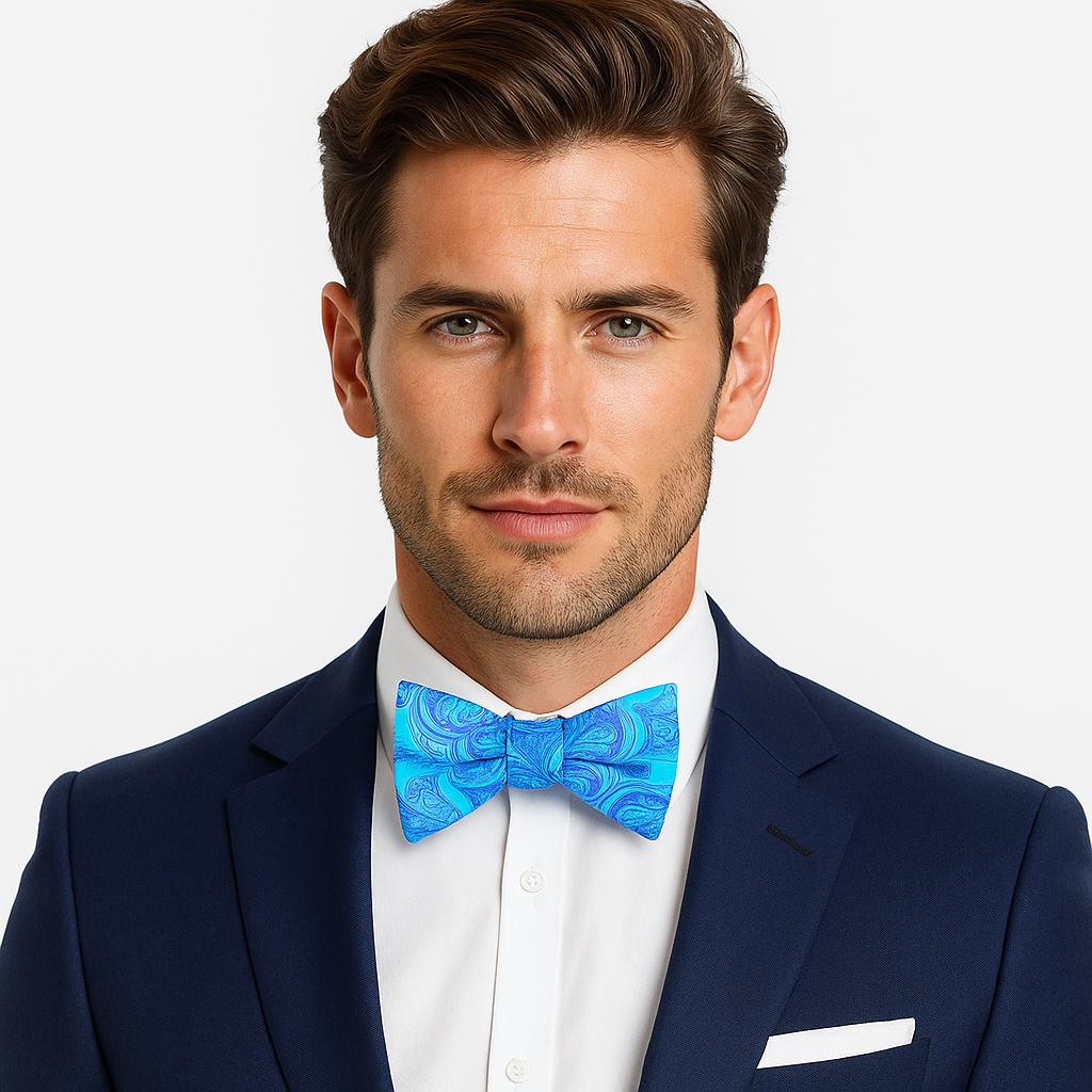 Close-up of light blue paisley bow tie with intricate pattern for weddings