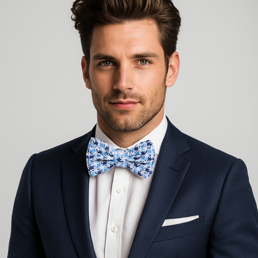 Close-up of the houndstooth pattern on the bow tie, showcasing the light and dark blue colors.