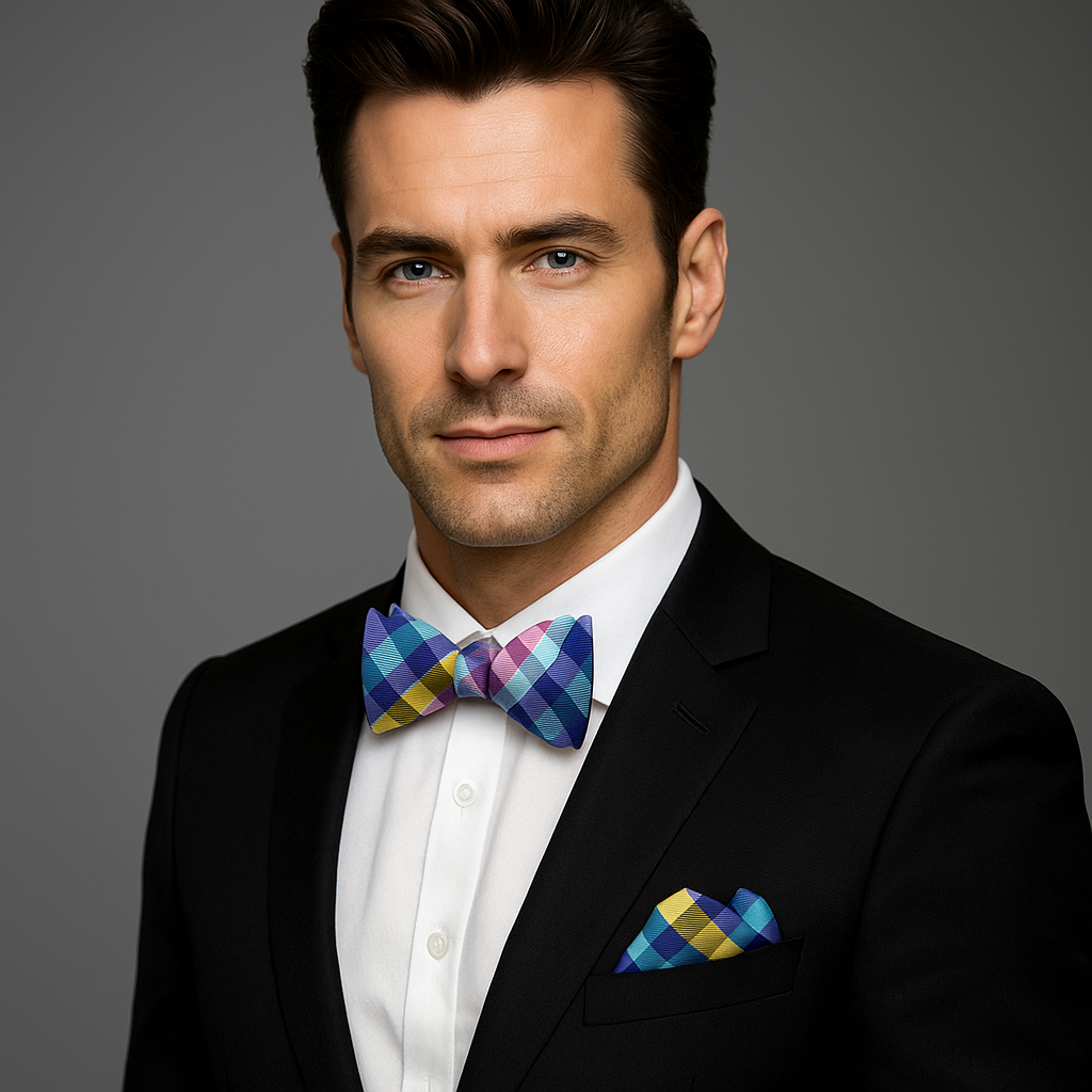 Close-up of a premium men's plaid bow tie with adjustable strap for formal attire
