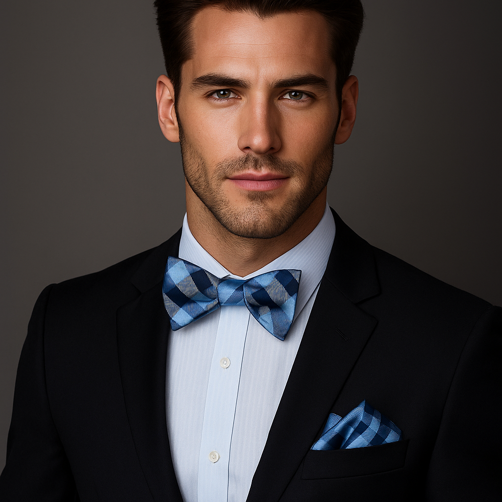 Men wearing a self-tie bow tie and pocket square at a wedding reception
