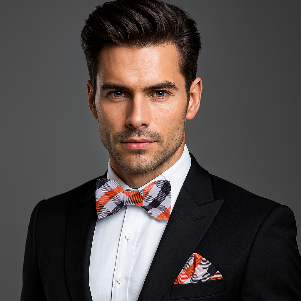 Men wearing a self-tie bow tie and pocket square at a wedding reception