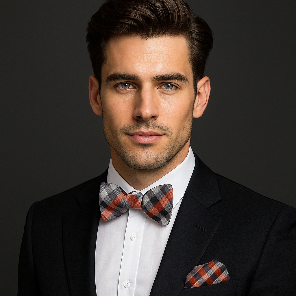 Close-up of a premium mens plaid bow tie with adjustable strap for formal attire
