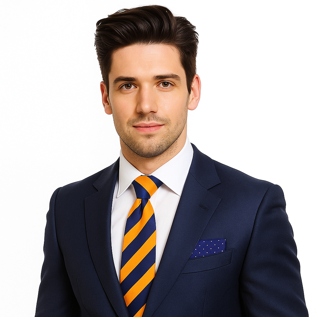 Close-up view of the Braythorne blue and orange striped necktie, showcasing its elegant fabric and bold design.