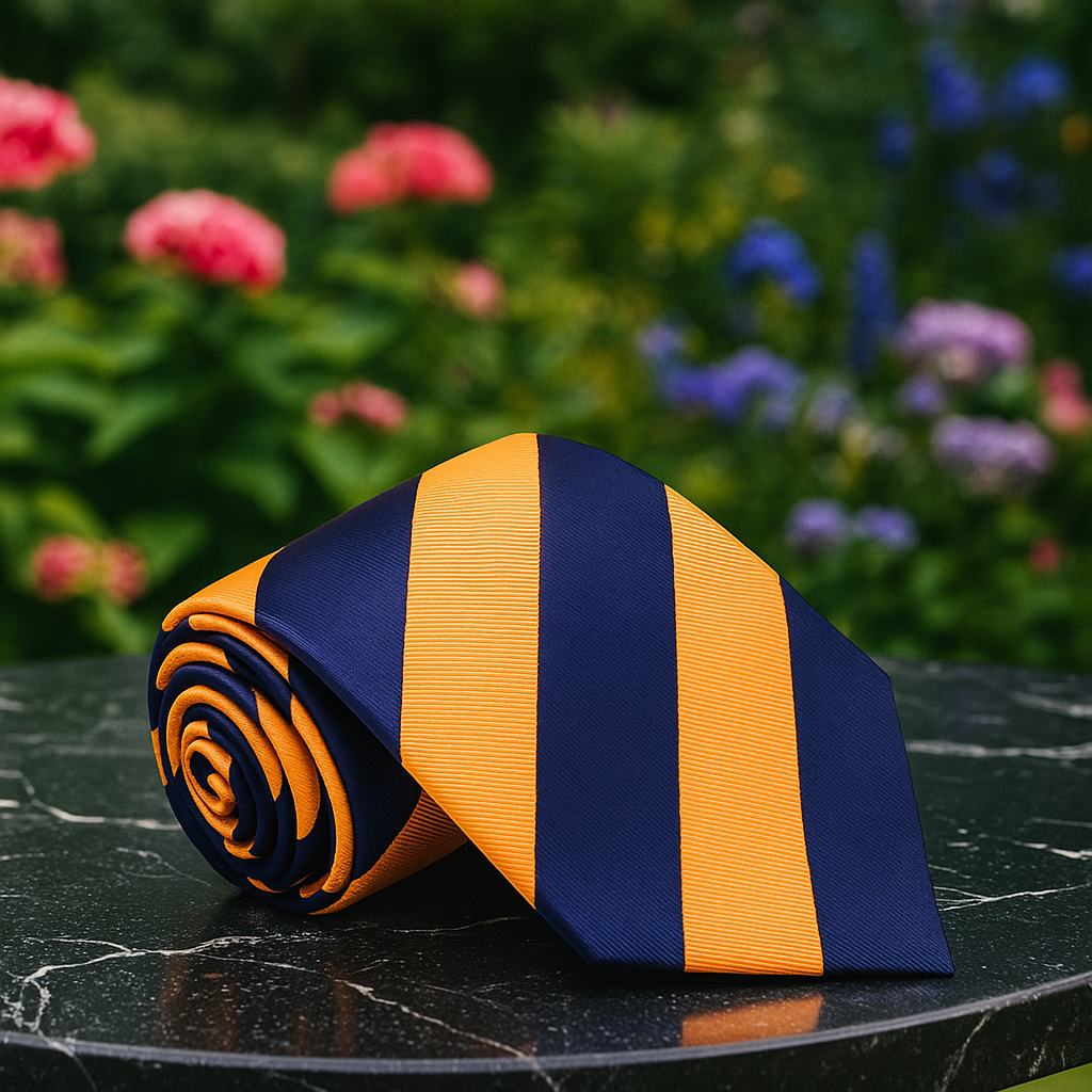 A model wearing the Braythorne striped tie with a navy suit, highlighting its versatility for business events.