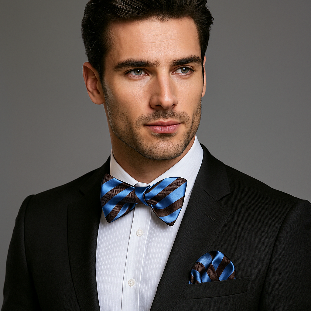 Close-up of stylish bow tie for business dinners in brown and blue stripes