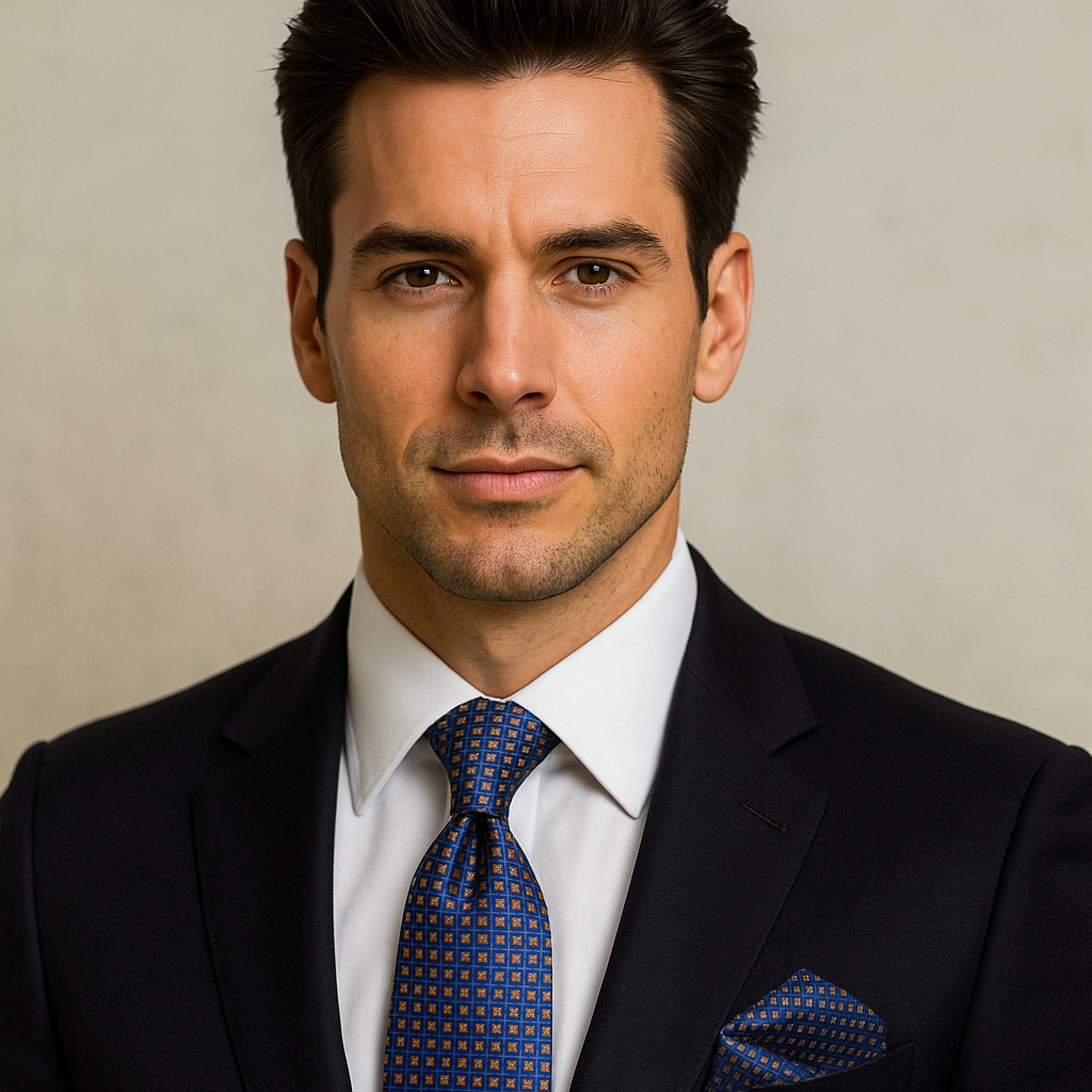 Man wearing checked silk tie with pocket square at a wedding reception