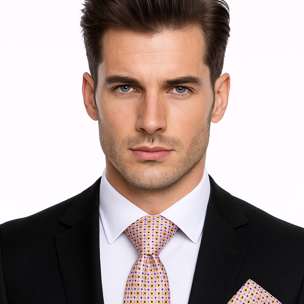 Close-up of checked silk necktie with intricate geometric pattern in deep blue and brown