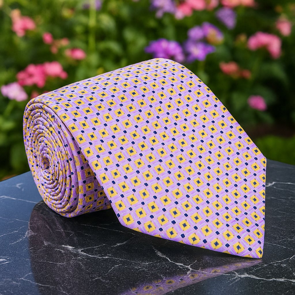 Man wearing checked silk tie with pocket square at a wedding reception