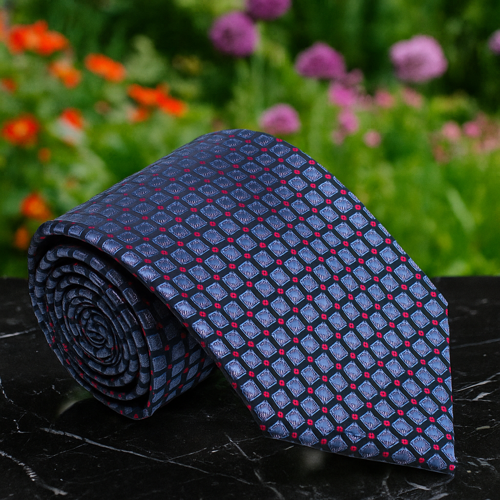 Silk necktie styled with a navy suit for a professional business look