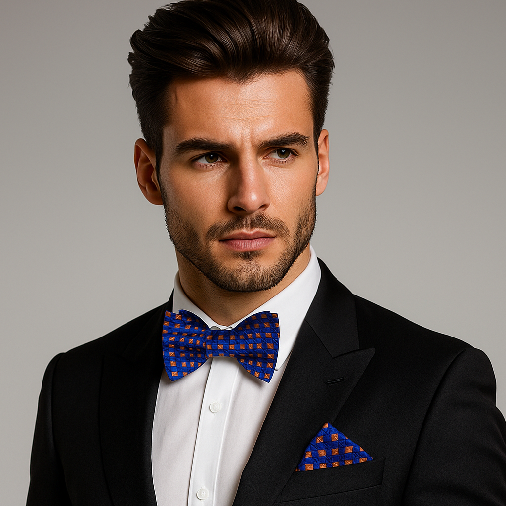 Silk bow tie with geometric check design, perfect for weddings and galas
