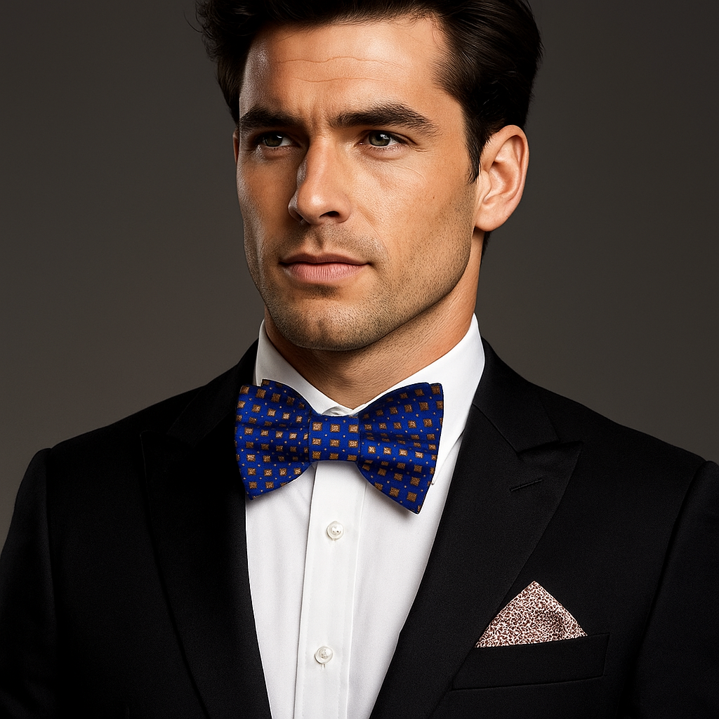 Close-up of dark blue self-tie bow tie with brown check pattern, suitable for formal occasions