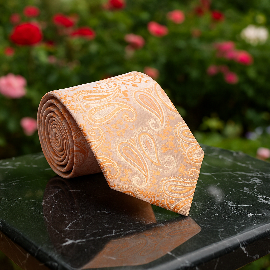 Coral paisley silk necktie draped elegantly over a white dress shirt, highlighting its intricate design and color.