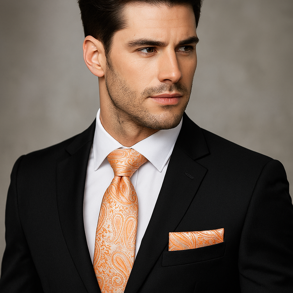 Coral paisley silk necktie draped elegantly over a white dress shirt, highlighting its intricate design and color.