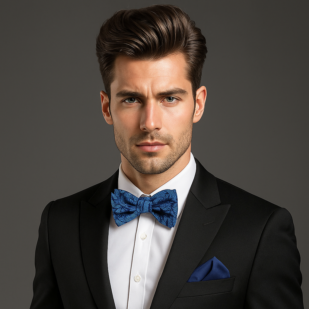 Close-up of navy silk bow tie with leaf pattern for formal events