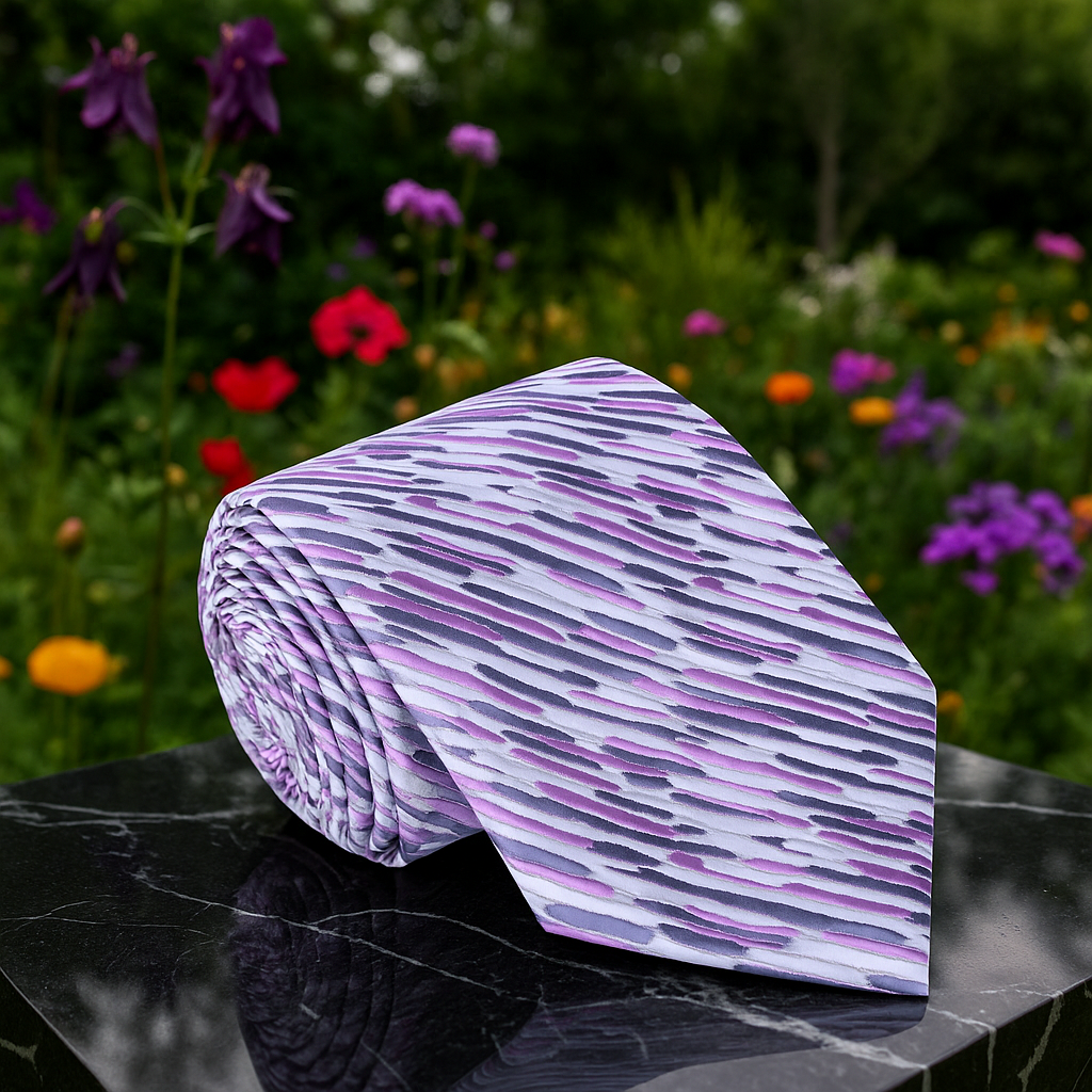 Meteor Streaks Silk Tie displayed with a matching pocket square, perfect for formal events.