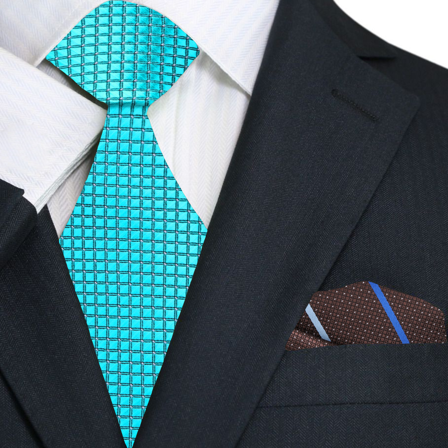 Bright teal solid necktie showcased on a navy blue suit, ideal for business presentations.