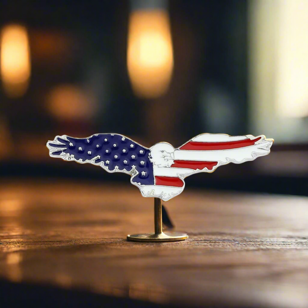 Patriotic eagle lapel pin on a navy blazer, ideal for veterans and patriotic events