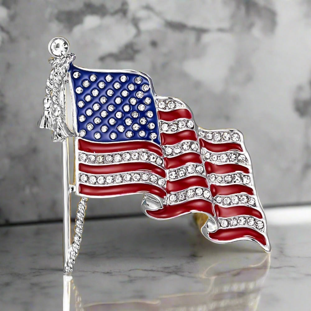 Close-up of the metallic finish and vibrant colors of the American flag lapel pin