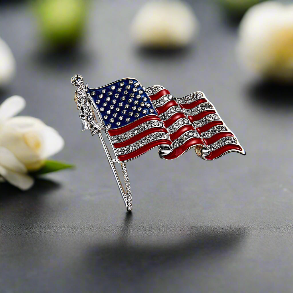 Front view of a premium American flag lapel pin with detailed flag design