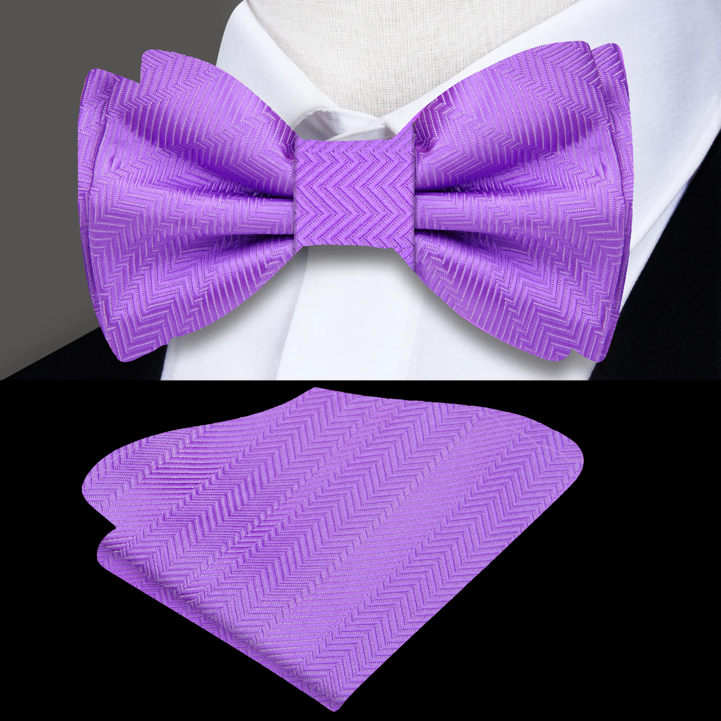 Close-up of a silk solid color bow tie with lined texture detail