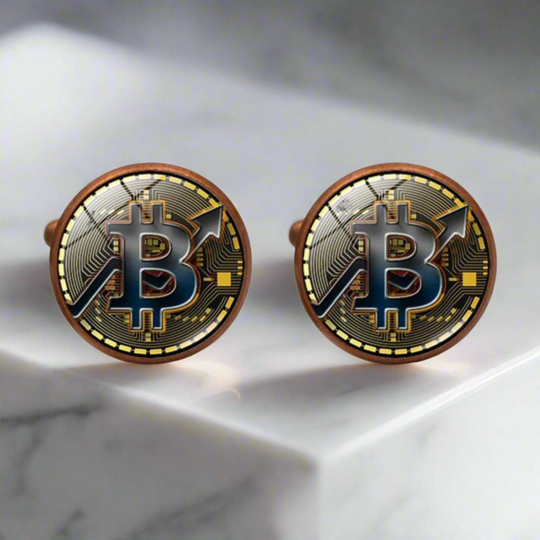 Antique gold Bitcoin cufflinks on a white dress shirt, showcasing luxury and modern elegance.