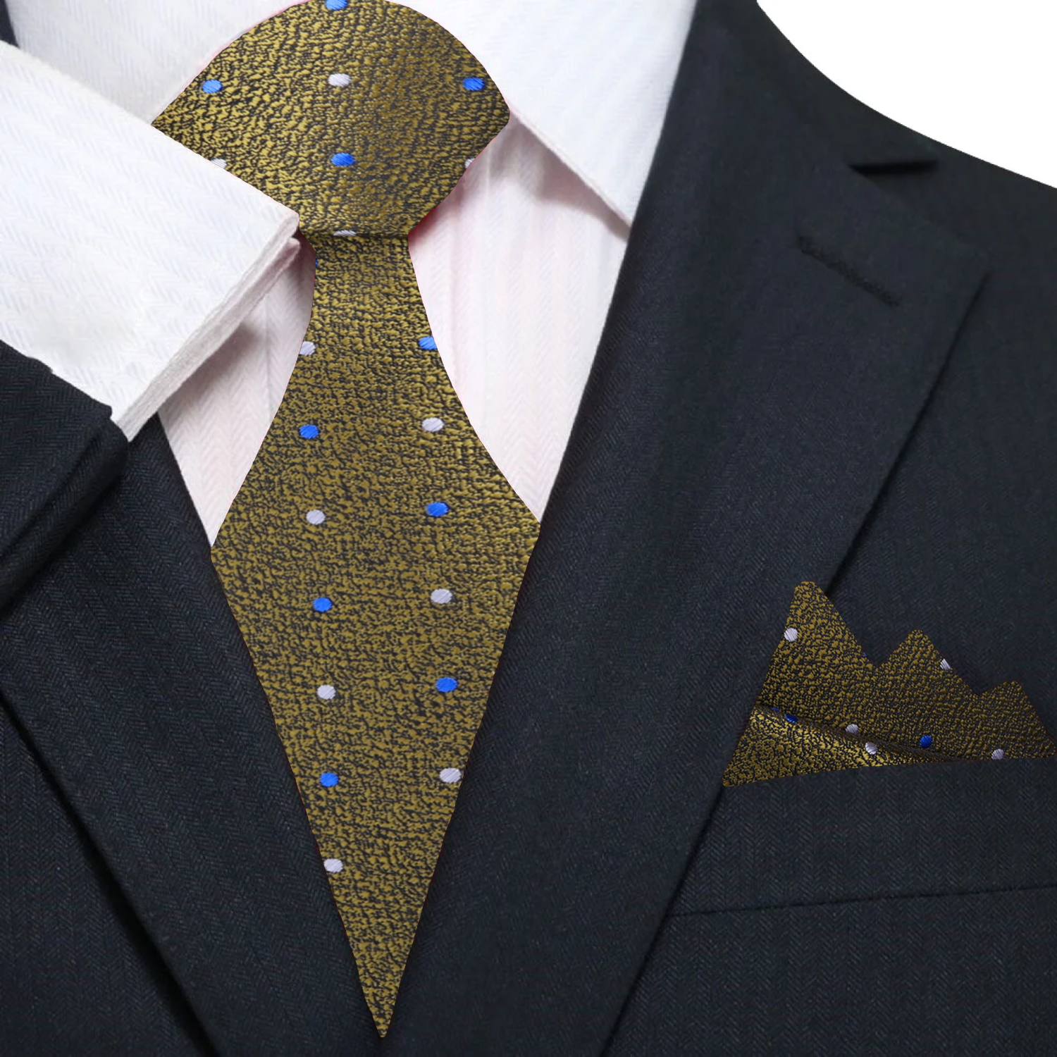 Polka dot tie displayed alongside matching pocket square, designed for formal ties for business meetings