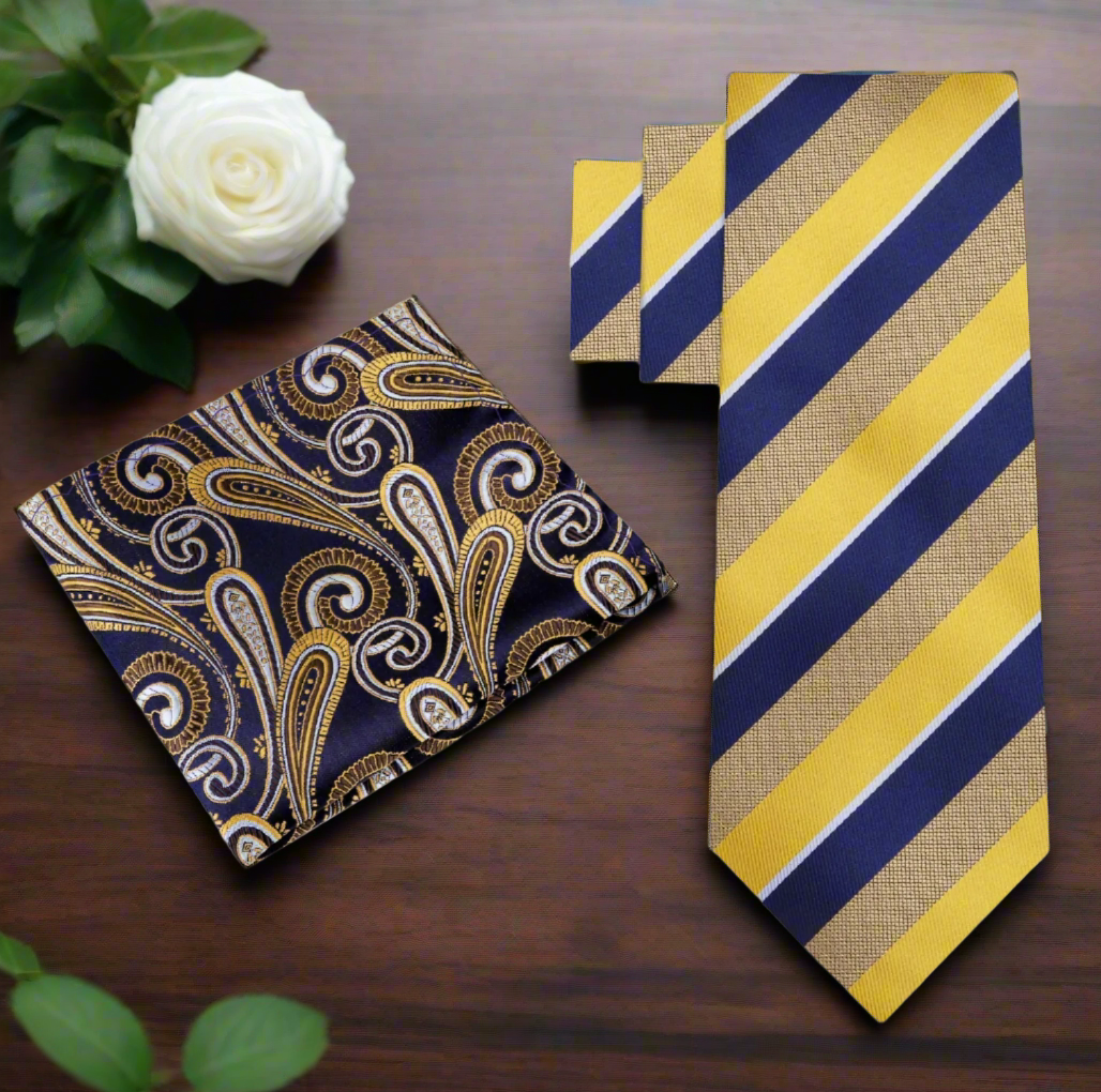 Man wearing a silk necktie and pocket square at a formal event