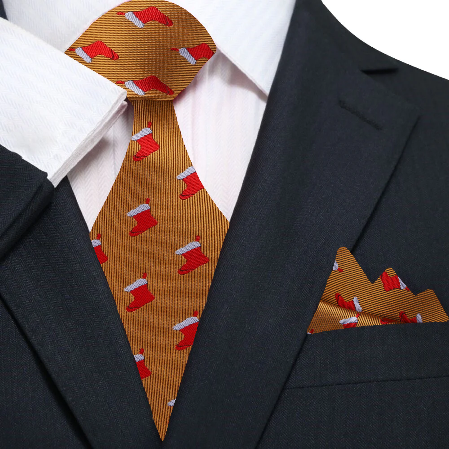 Christmas stockings pocket square displayed with a navy suit.