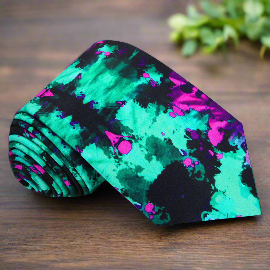 Artistic Inkblot Silk Necktie displayed against a crisp white dress shirt, showcasing its vibrant colors.