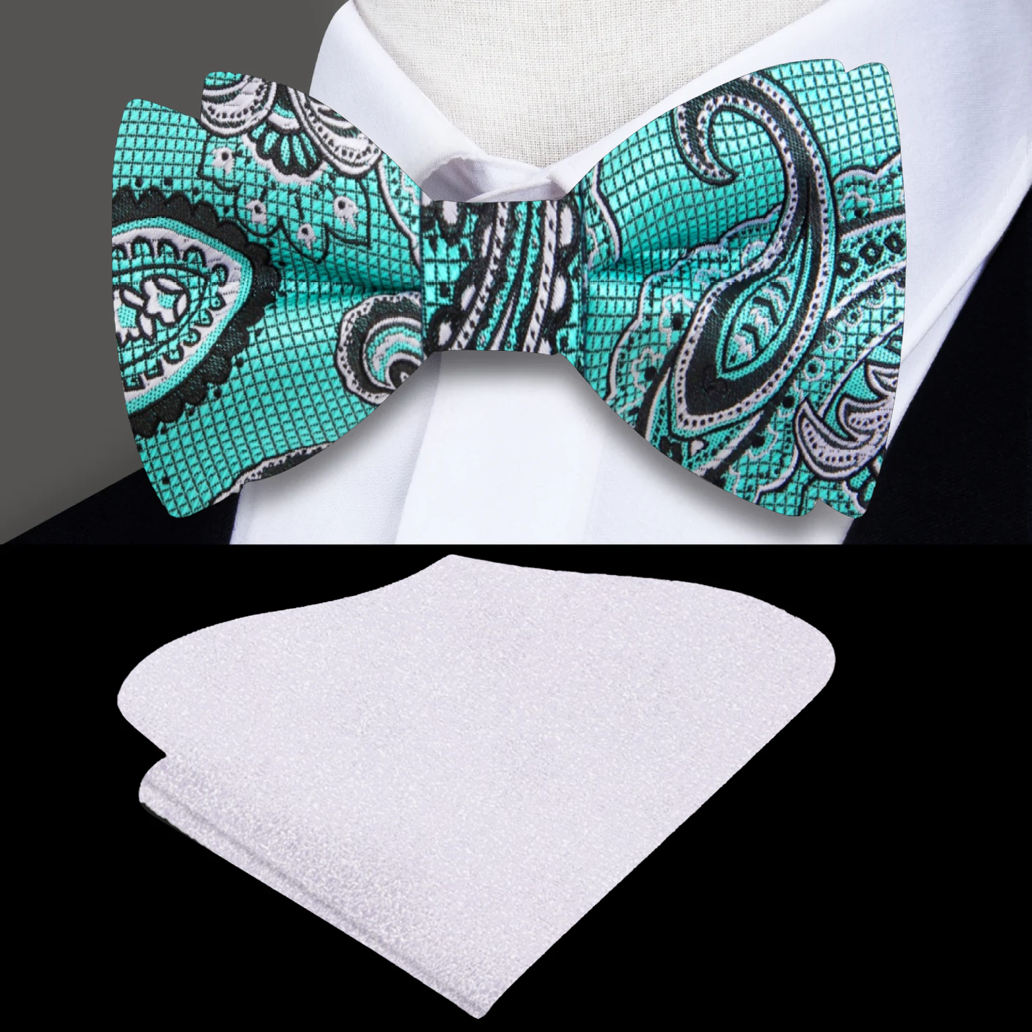 Aqua green silk paisley bow tie shown on mannequin with white shirt and charcoal suit