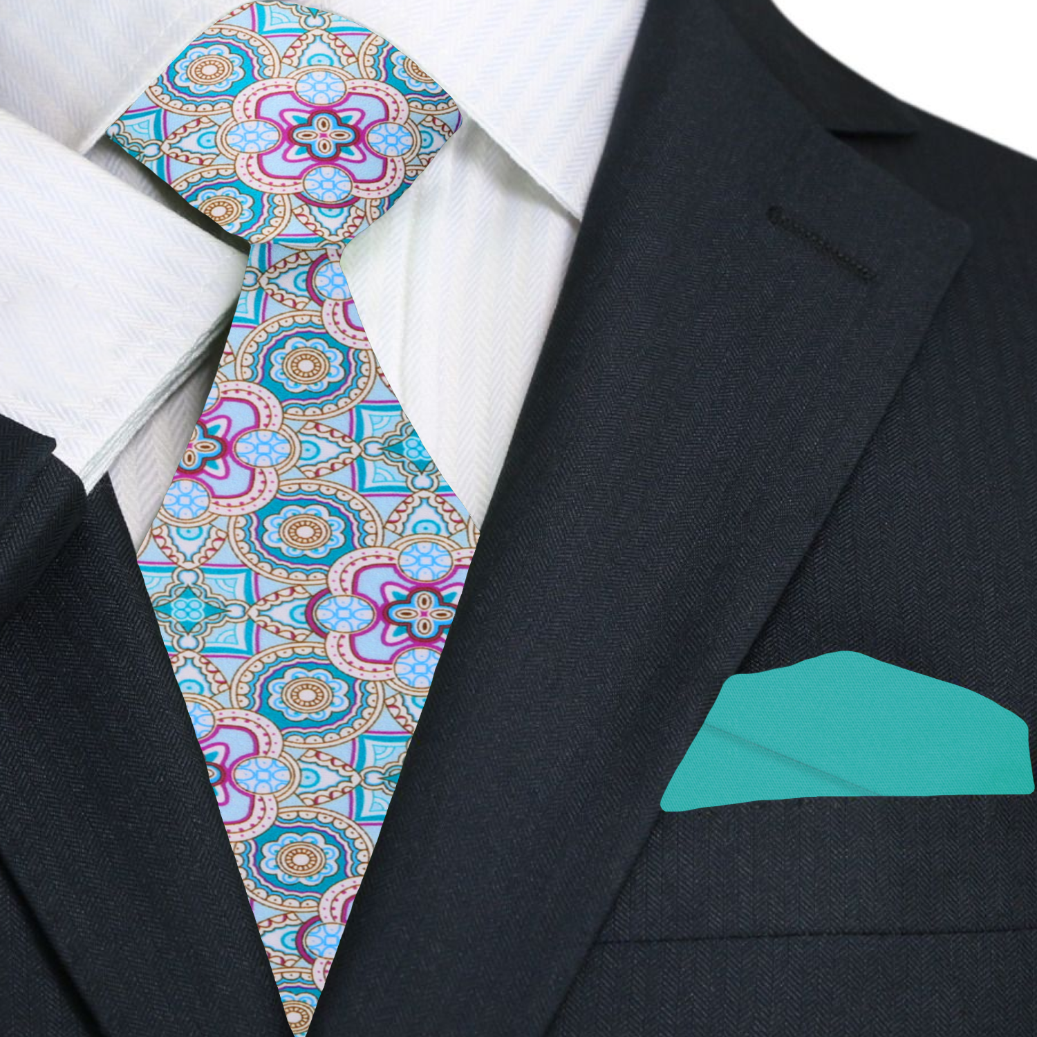 Close-up of the intricate geometric pattern in pastel green, purple, and white on the silk tie