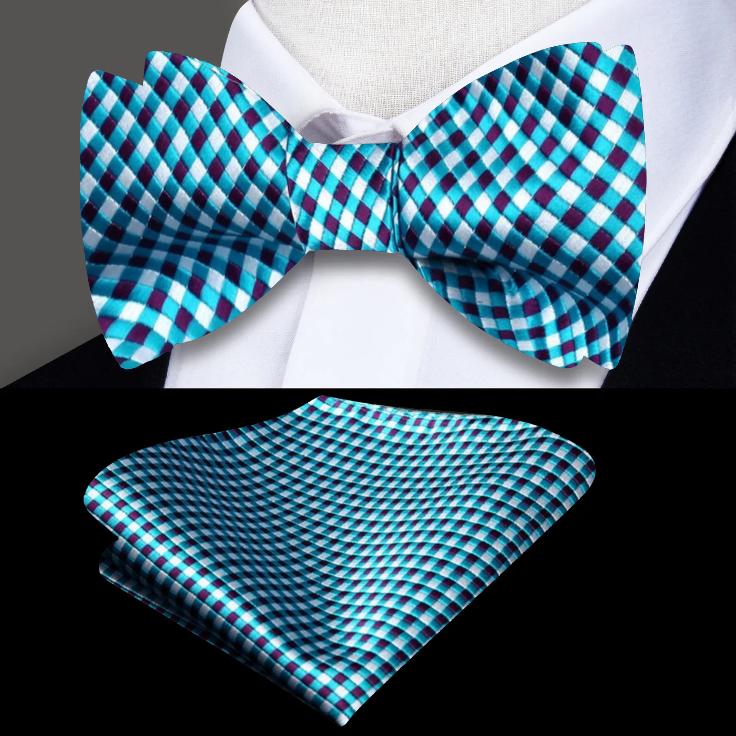 Front view of the blue and purple silk self tie bow tie on a mannequin
