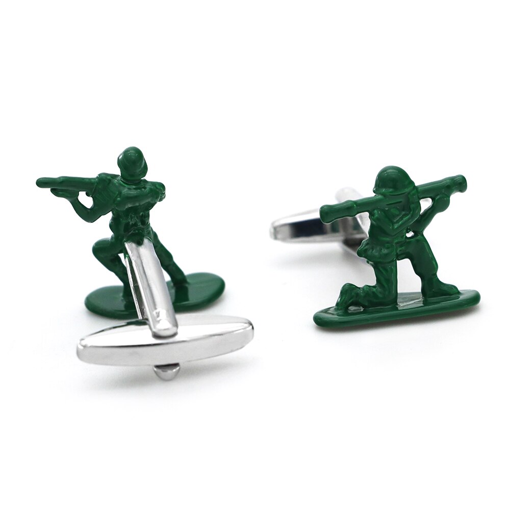 Model wearing Battlefield Army Men Cufflinks with a light blue dress shirt.