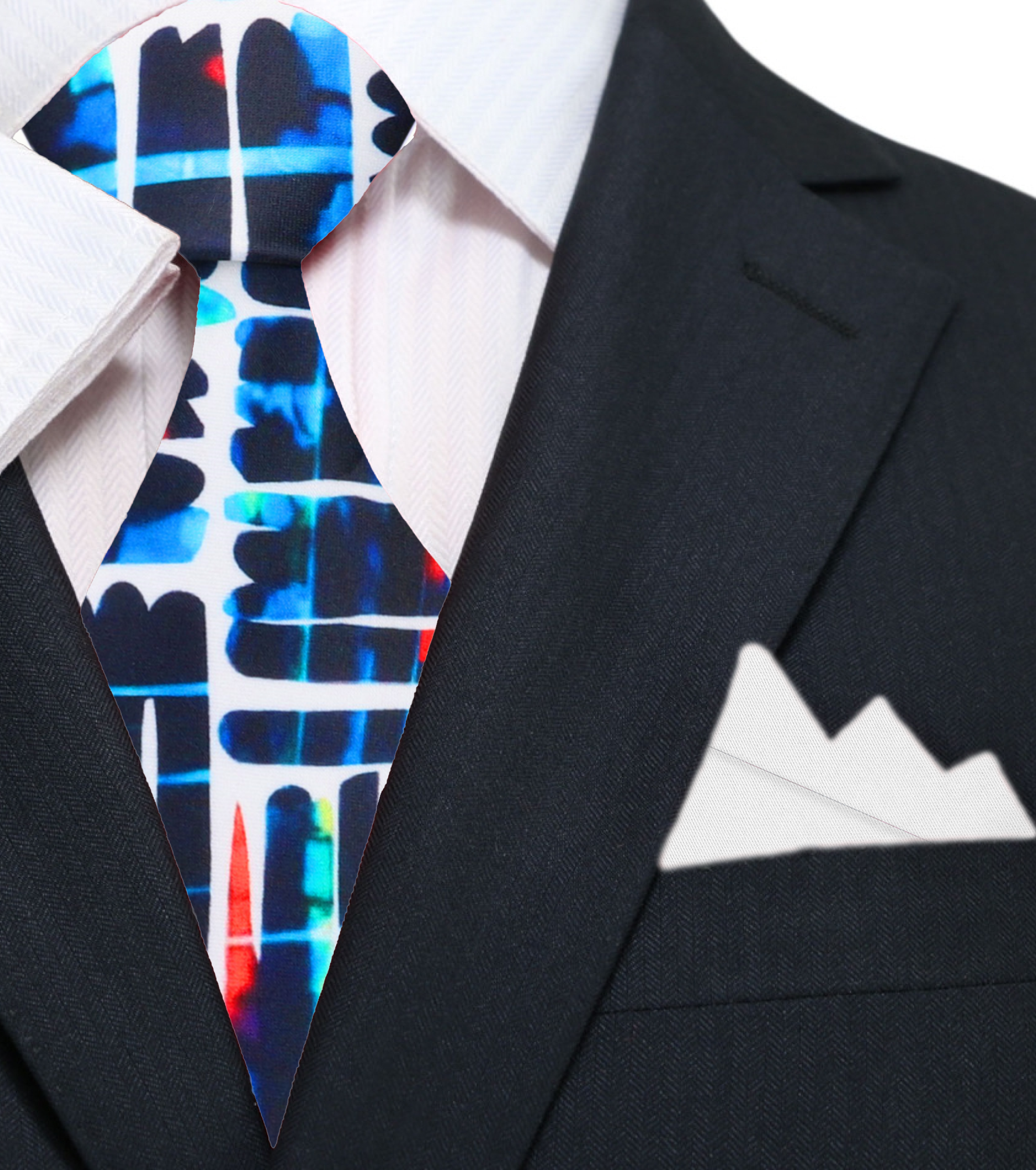 Model wearing modern abstract silk tie at an art exhibit
