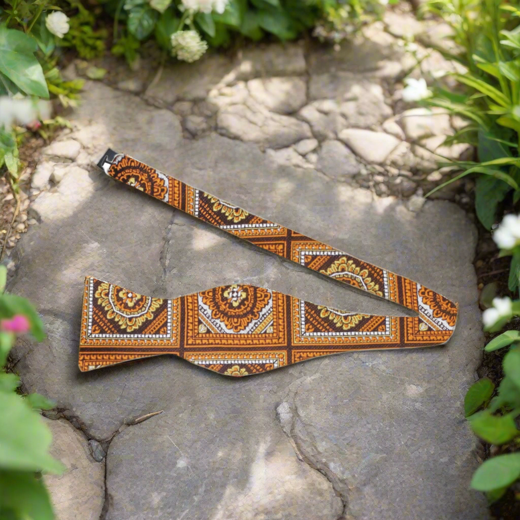 Detail shot of the adjustable neck strap on the self-tie bow tie, demonstrating quality craftsmanship.