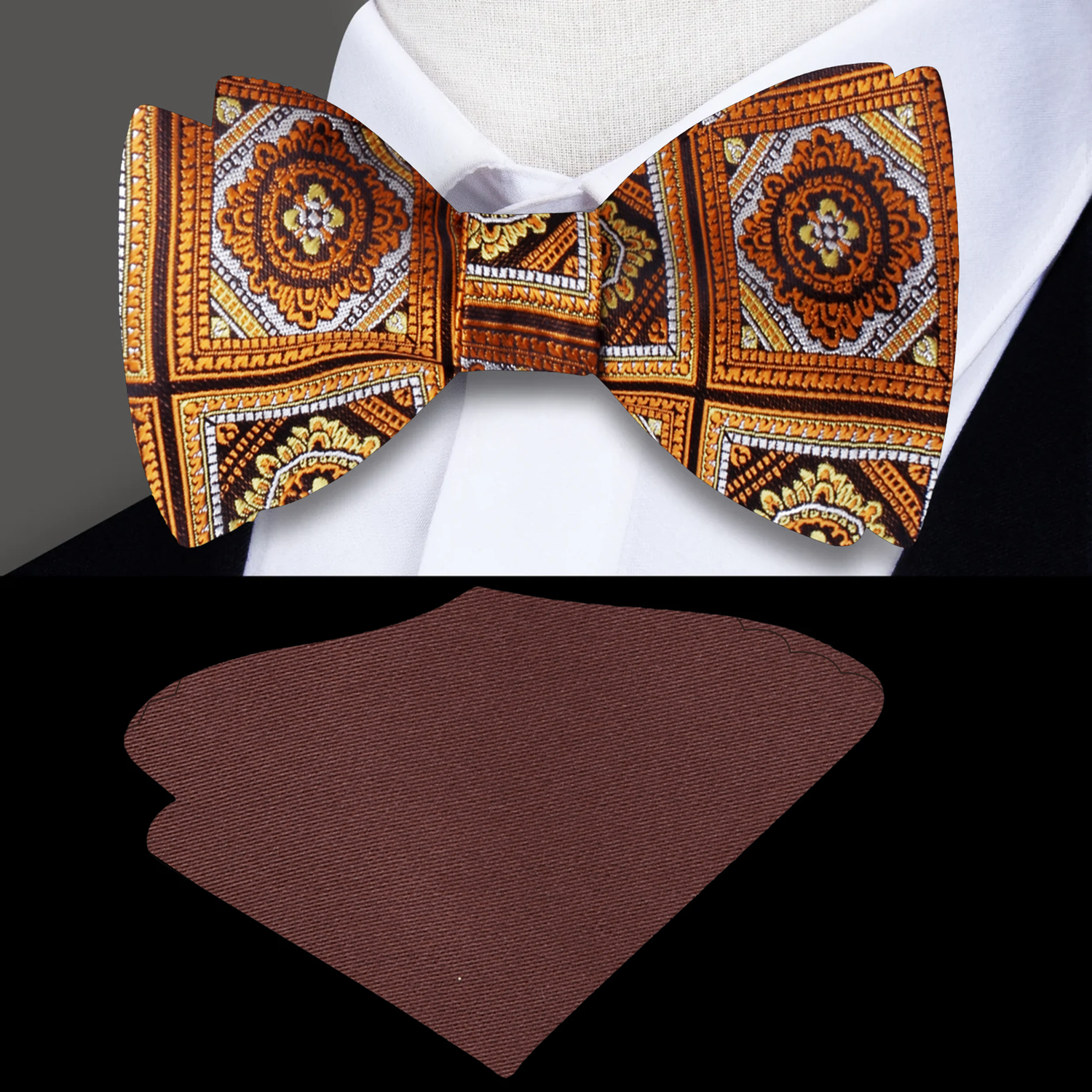Front view of the geometric self-tie bow tie in orangish brown tones, highlighting its modern pattern and elegant design.