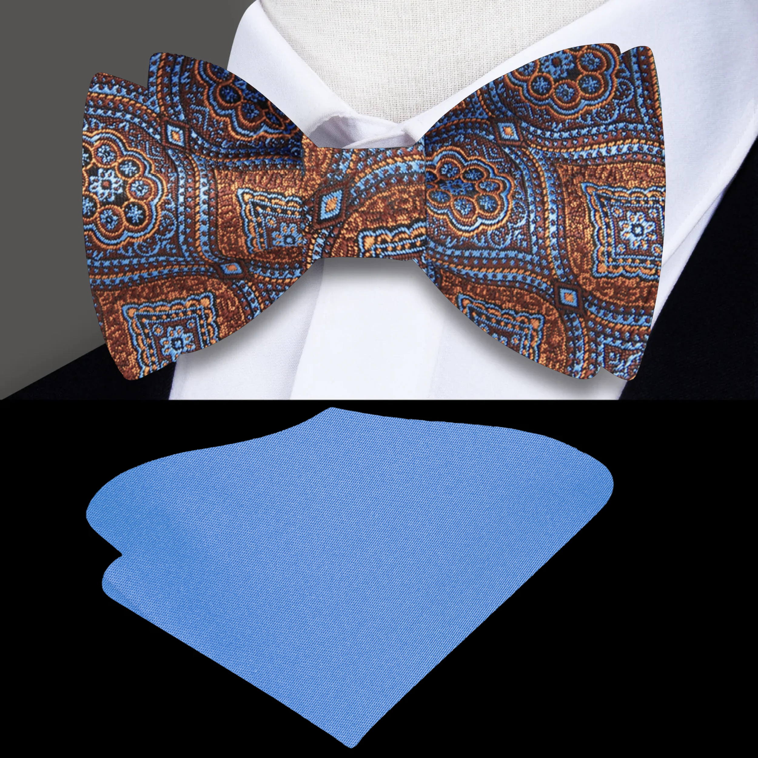 Front view of geometric self-tie bow tie in brown, gold, and blue with adjustable strap