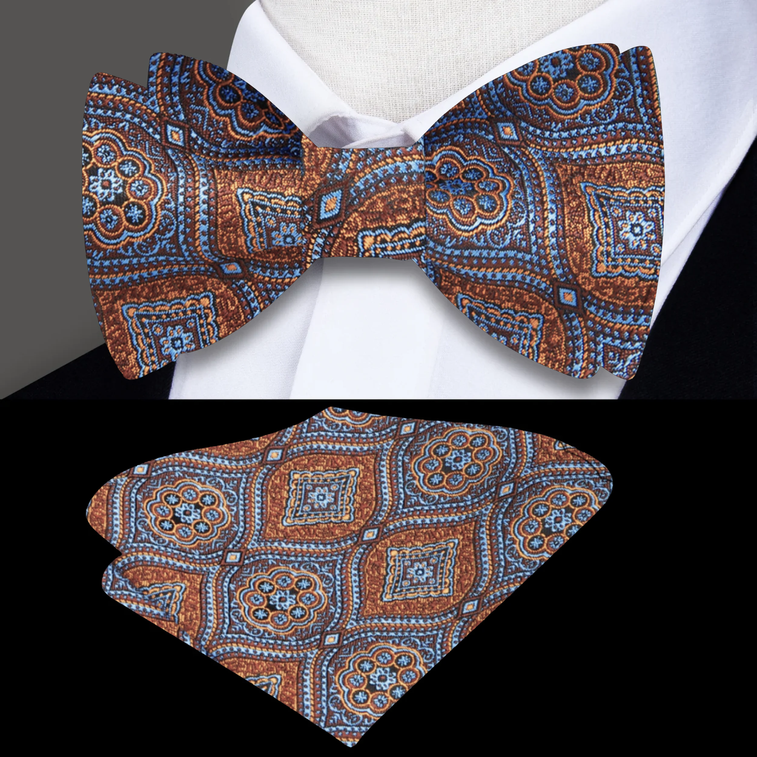 Close-up of geometric pattern on mens bow tie for formal occasions