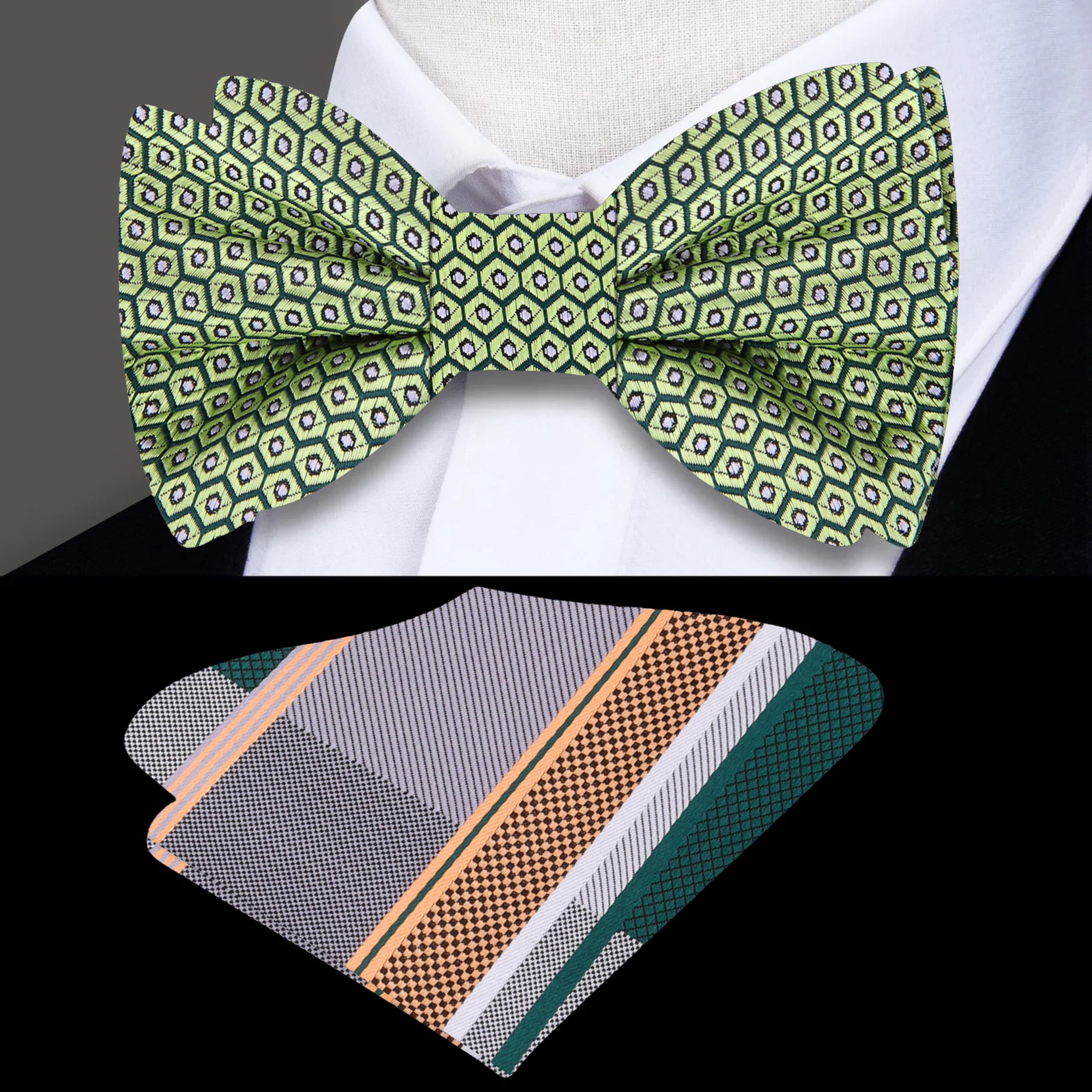 Chic geometric avocado bow tie displayed on a formal shirt, showcasing its unique pattern.
