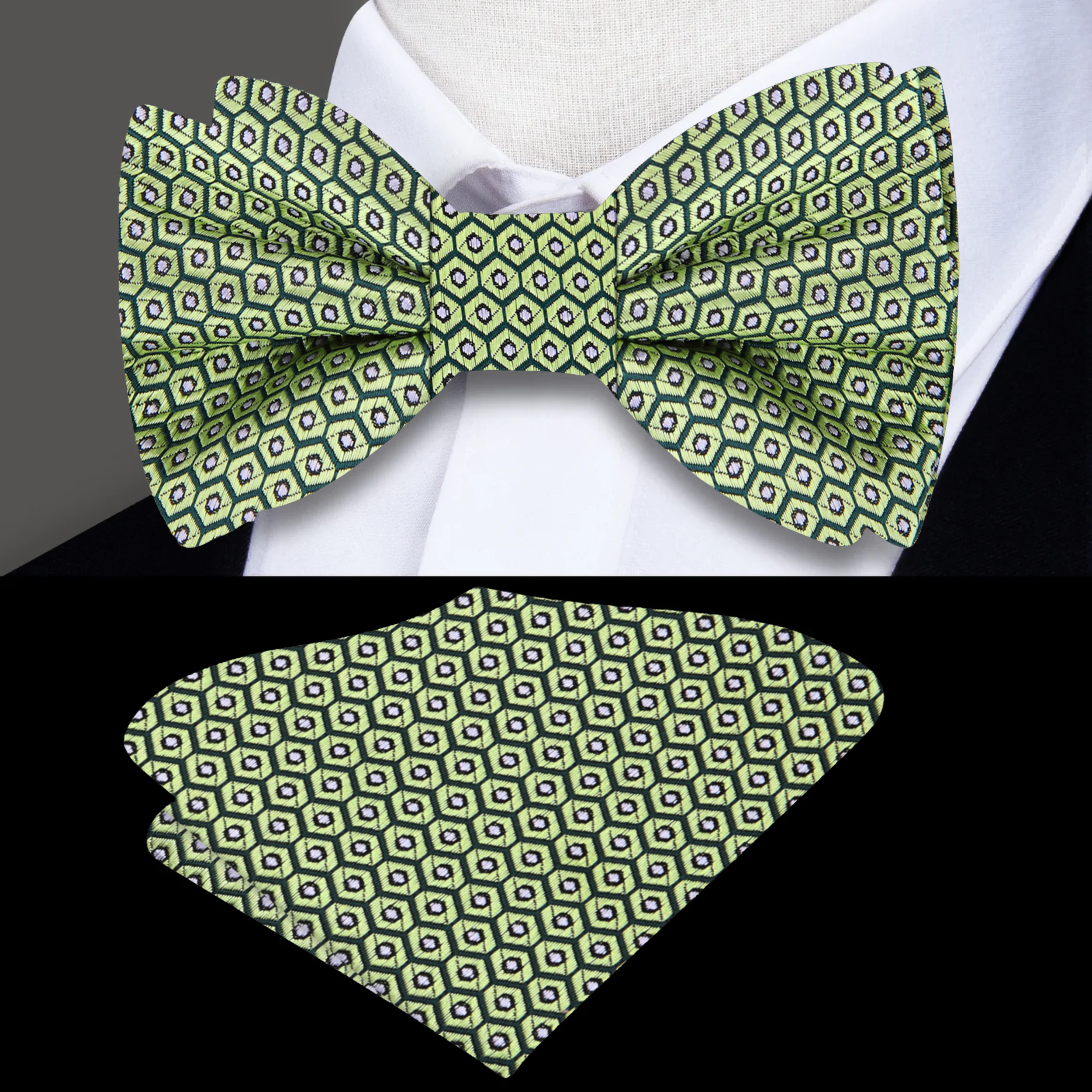 Close-up of the stylish avocado patterned bow tie for men, highlighting the intricate design.