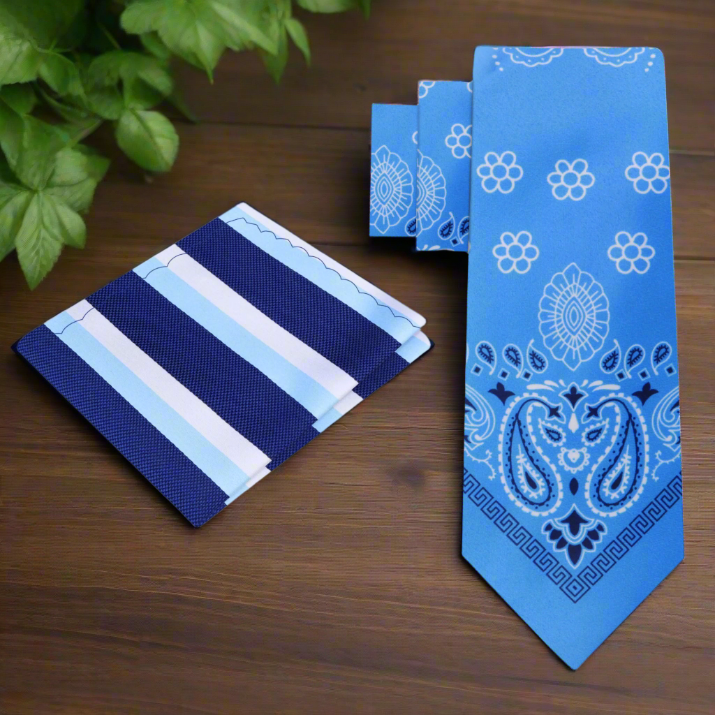 Close-up of the intricate paisley pattern on a blue silk necktie