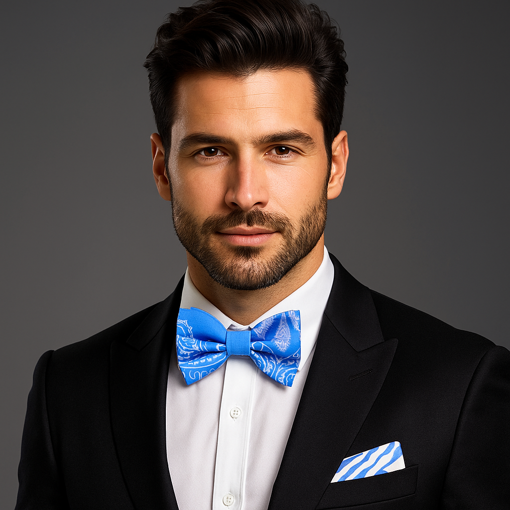 Elegant baby blue paisley bow tie displayed against a white background, showcasing its intricate design.
