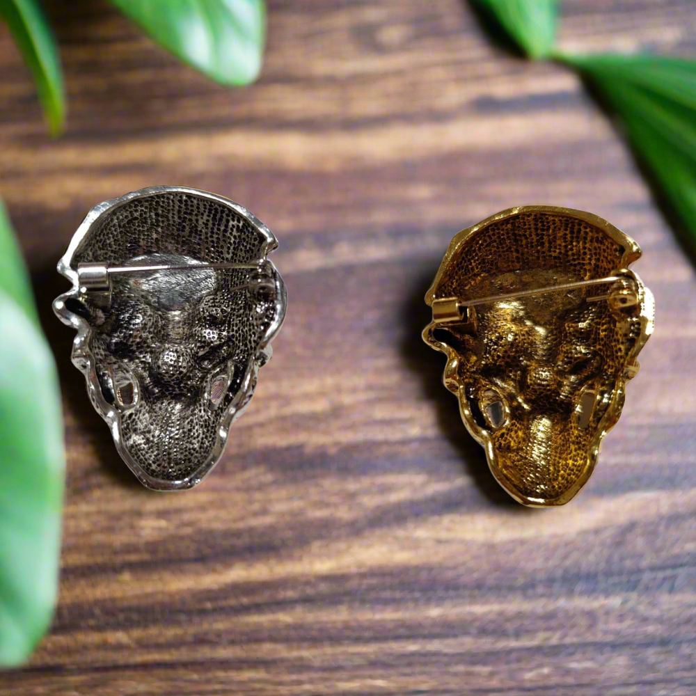 Gothic skull lapel pin displayed against a stylish dress shirt, highlighting its versatility.