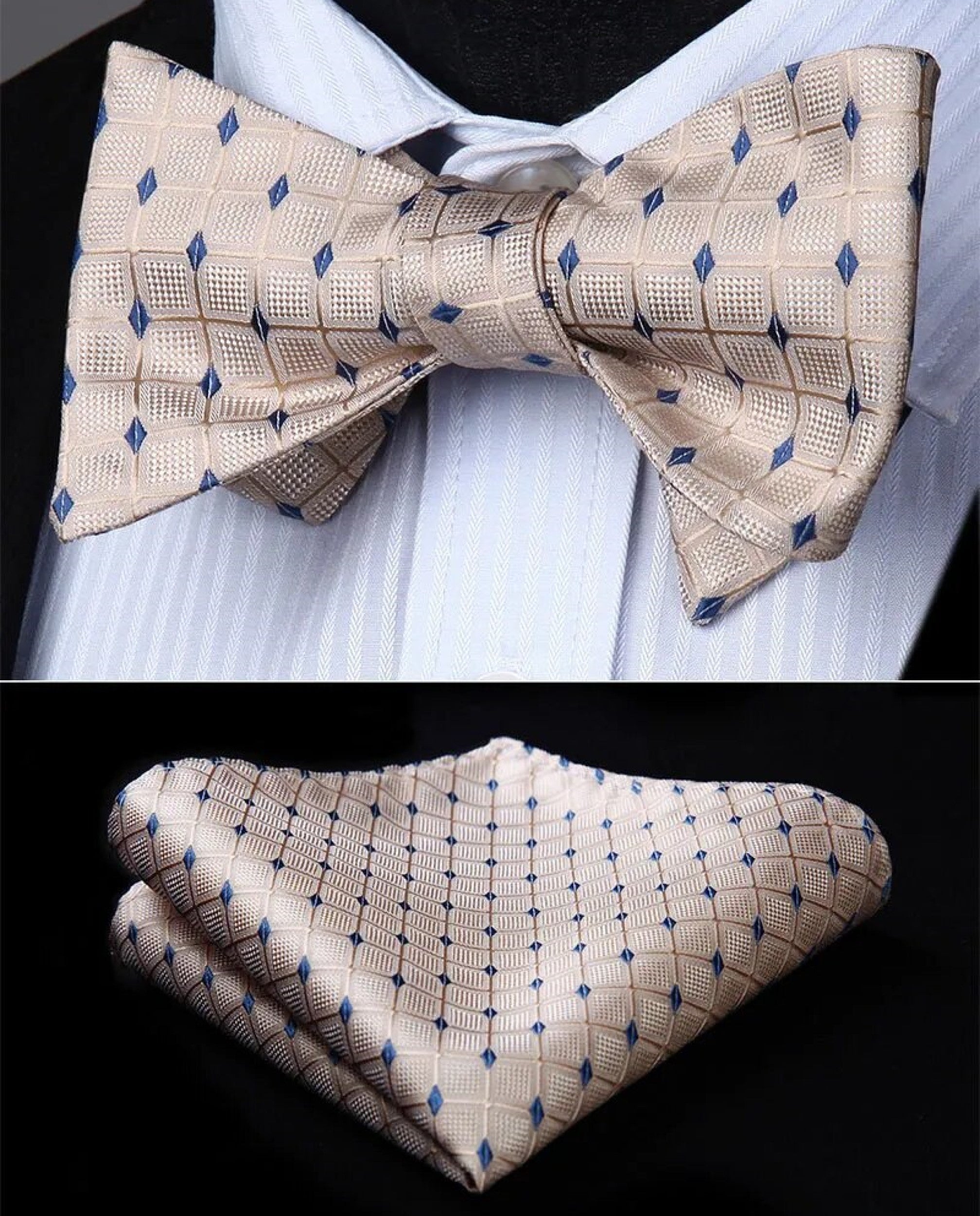 Model wearing a blue geometric bow tie at a wedding reception
